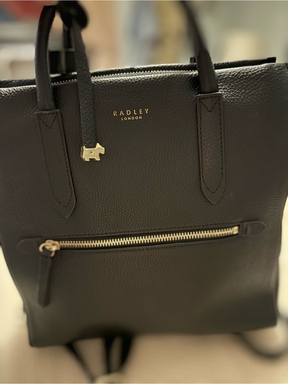 RADLEY LONDON Black Pebbled Leather Backpack with Gold Hardware